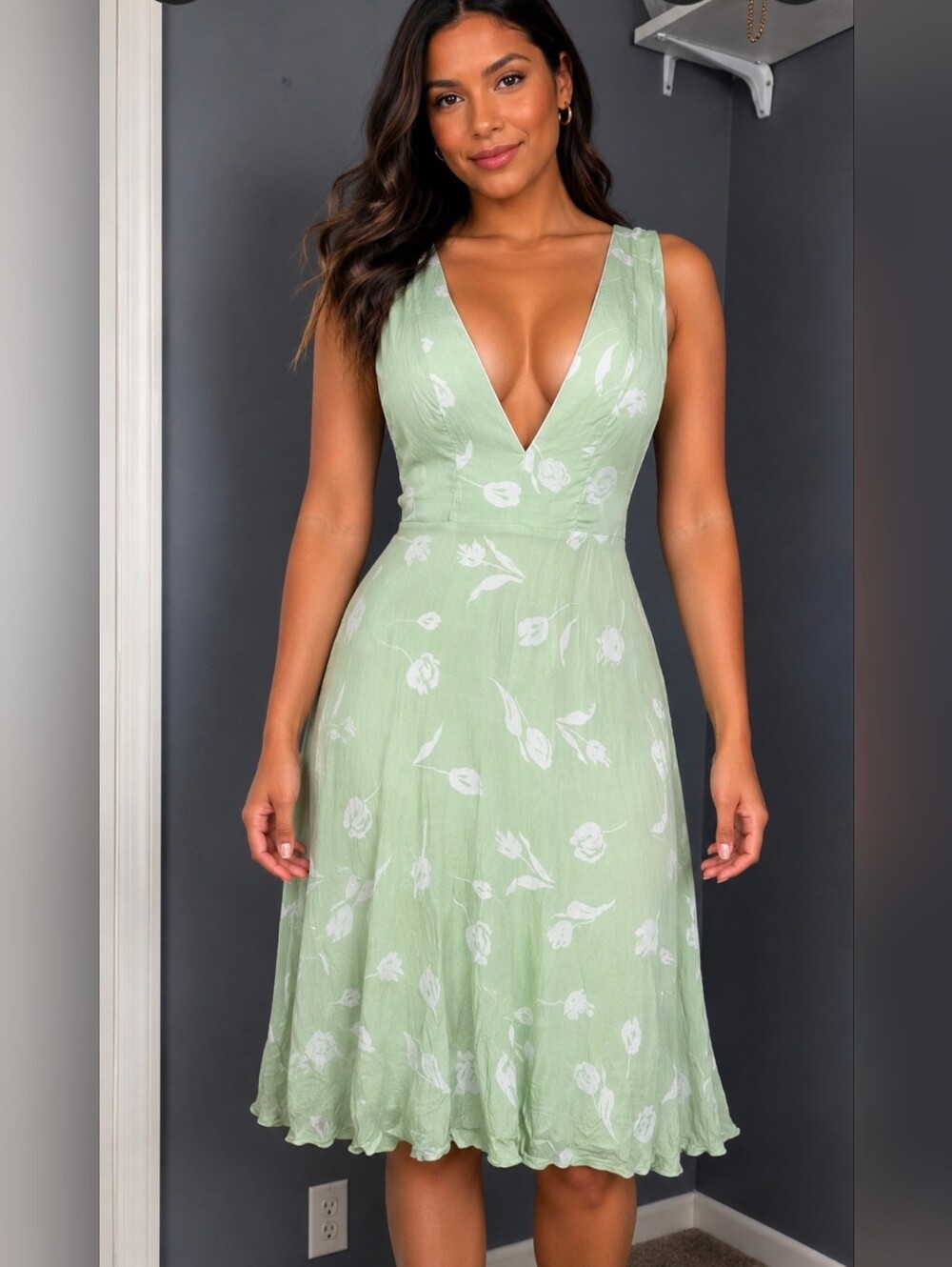 Sleeveless V-Neck Floral Midi Dress in Sage Green